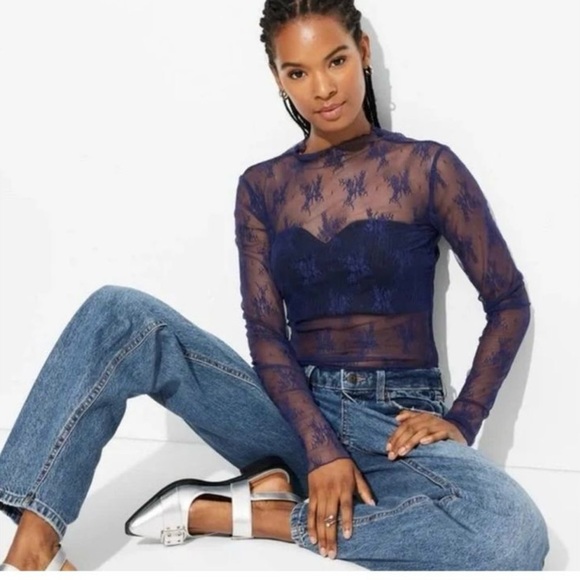Wild Fable Long Sleeve Mock Turtleneck Lace Shirt - Picture 1 of 5